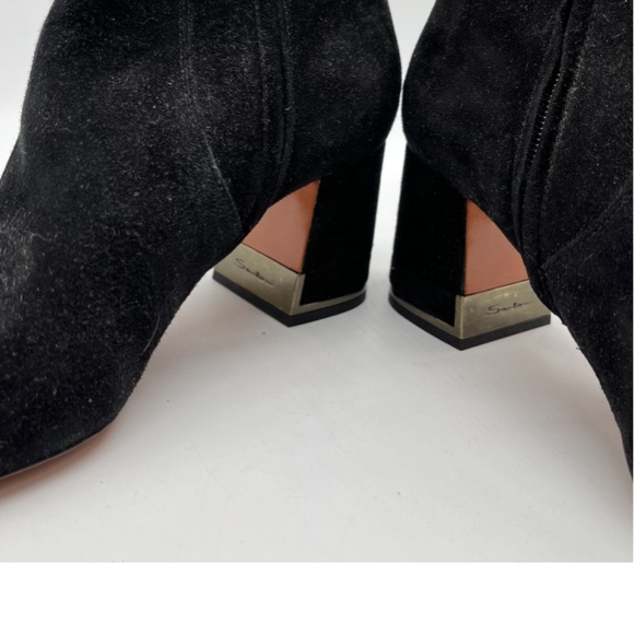Santoni Black Suede Block Heel Metal-Tone Ankle Bootie sz 38 - Picture 6 of 7